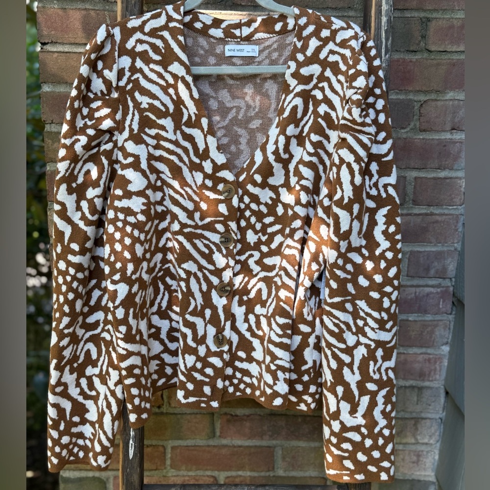 Nine West Brown and Cream Patterned Puff Sleeve Cardigan